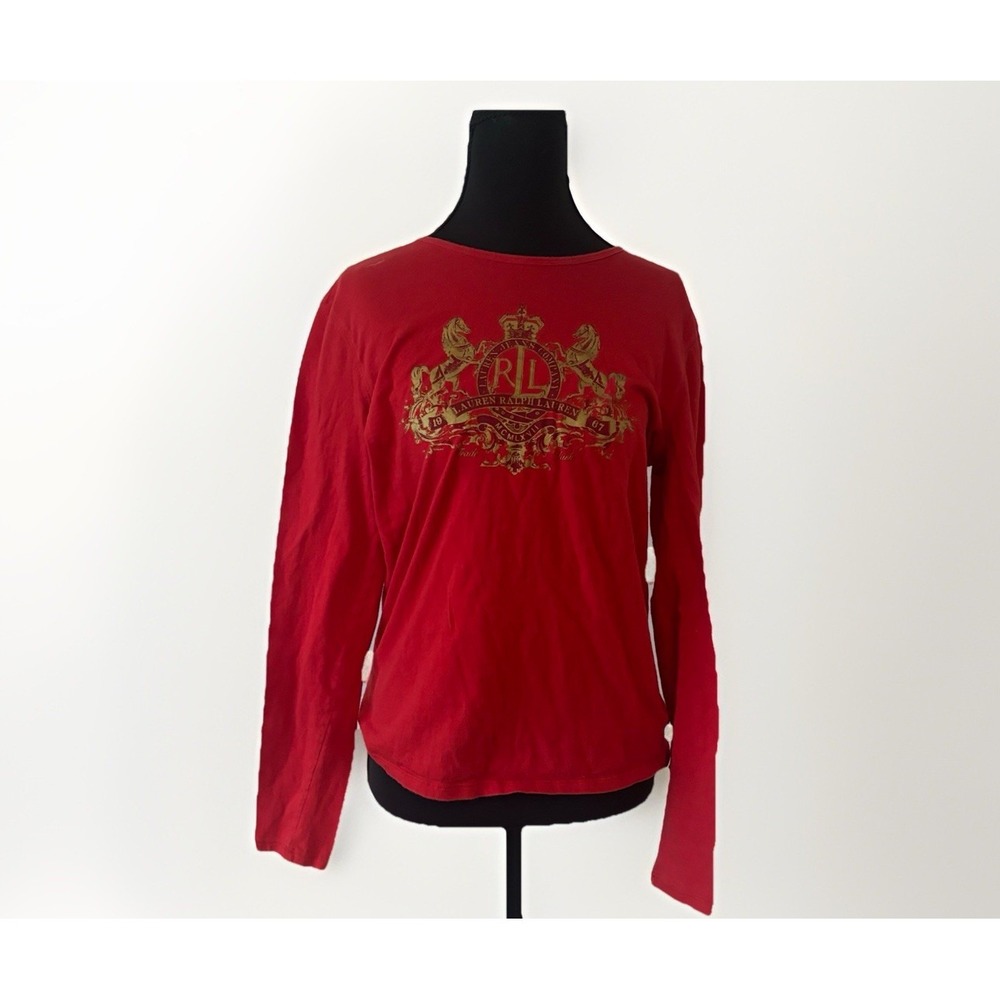 L Ralph Lauren‎ Long Sleeve Printed Top Women's Medium Graphic Shirt Sporty Y2K